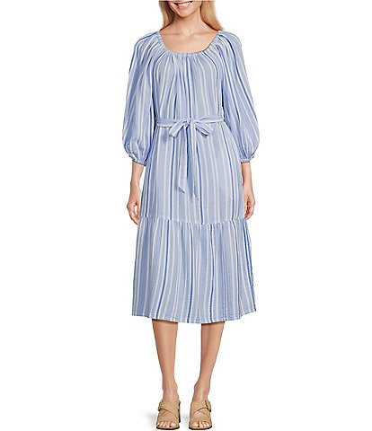 Tommy Bahama Stripe Off-The-Shoulder 3/4 Sleeve Side Pocket Belted Dress