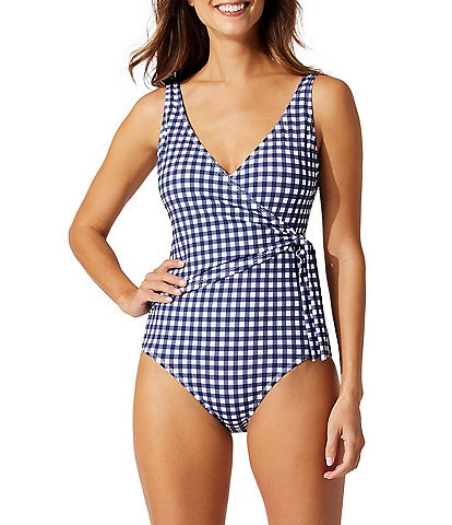Tommy Bahama Summer Floral Gingham Surplice V-Neck Wrap Tie One Piece Swimsuit