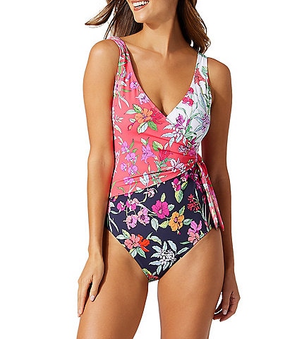 Tommy Bahama Summer Floral Surplice V-Neck Wrap Front One Piece Swimsuit