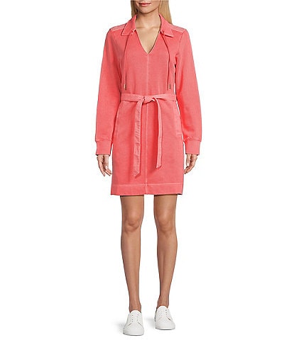 Tommy Bahama Sunray Cove Twill French Terry Collared V-Neck Long Sleeve Pocketed Belted Shirt Dress