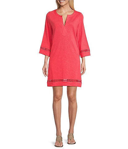 Tommy Bahama Sunset Harbor Solid Cotton Slub Jersey Split V-Neck Bell Sleeves Embroidered Trim A-Line Dress