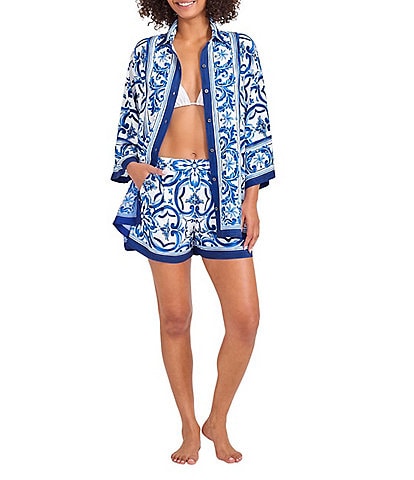 Tommy Bahama Terrazzo Tile Button Front Tunic Shirt Swim Cover-Up & Drawstring Tie Waist Pull-On Short Swim Cover-Up