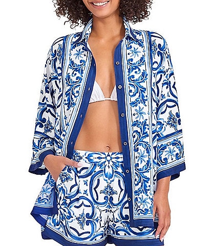 Tommy Bahama Terrazzo Tile Button Front Tunic Shirt Swim Cover-Up