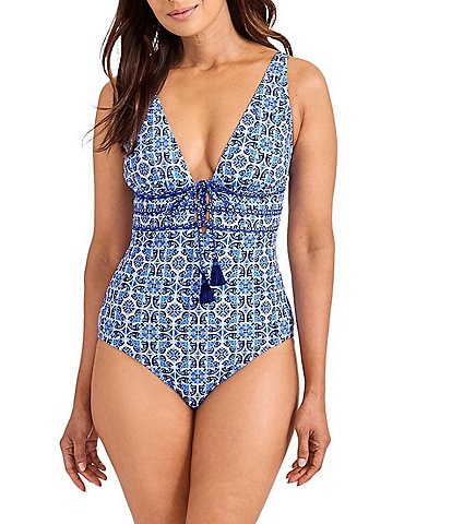 Tommy Bahama Terrazzo Tile V-Neck Tie Beaded Tassel Tummy Control One Piece Swimsuit