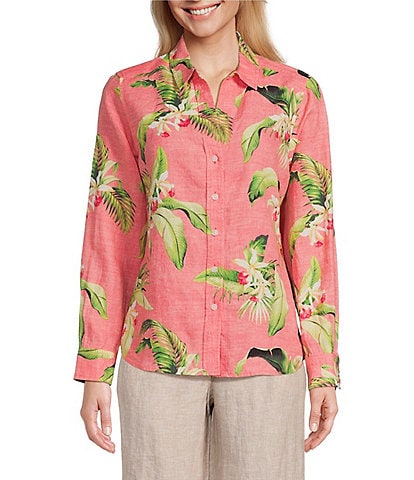 Tommy Bahama Tropical Floral Print Point Collar Long Sleeve Shirt