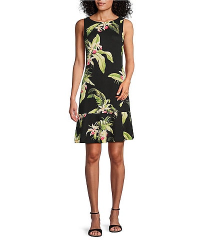 Tommy Bahama Tropical Floral Print Stretch Crew Neck Sleeveless A-Line Dress