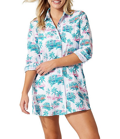 Tommy Bahama Tropical Oasis Scenic Print Point Collar Neck Button Front Boyfriend Shirt Swim Cover-Up