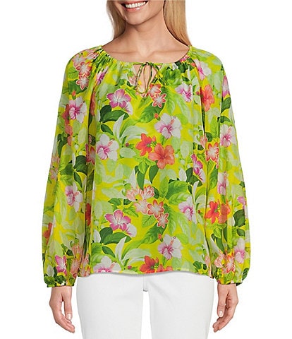 Tommy Bahama Tropical Print Notched Neckline Long Sleeve Top