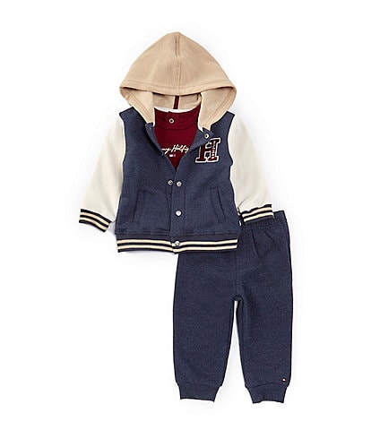 Tommy Hilfiger Baby Boys 12-24 Months Hooded Baseball Jacket, Short-Sleeve Logo T-Shirt & Jogger Pant Set