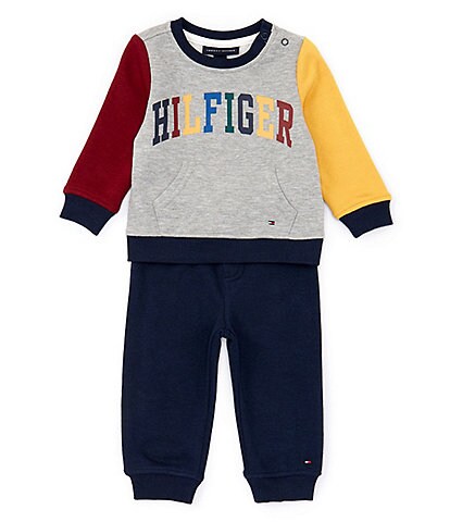 Tommy Hilfiger Baby Boys 12-24 Months Long Sleeve Logo Color Block Fleece Sweatshirt & Solid Fleece Jogger Pants Set