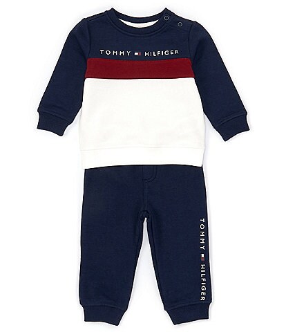 Tommy Hilfiger Baby Boys 12-24 Months Long Sleeve Logo Detailed Color Block Fleece Sweatshirt & Solid Jogger Pant Set