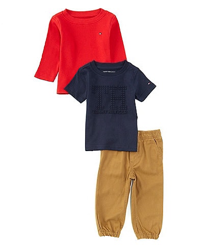 Tommy Hilfiger Baby Boys 12-24 Months Long Sleeve Thermal T-Shirt, Short Sleeve Logo T-Shirt & Twill Jogger Pant Set