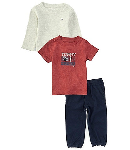 Tommy Hilfiger Baby Boys 12-24 Months Long Sleeve Thermal T-Shirt, Short Sleeve Logo T-Shirt & Twill Jogger Pant Set