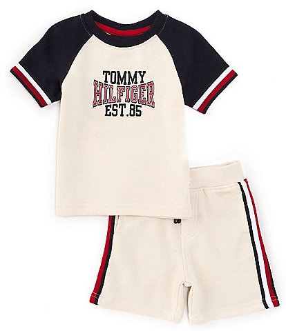 Tommy Hilfiger Baby Boys 12-24 Months Raglan-Sleeve Color Block Collegiate-Logo T-Shirt & Racing-Stripe Shorts Set