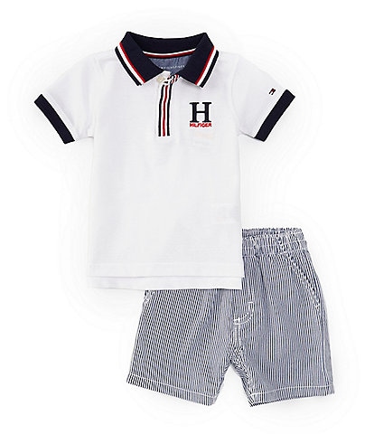 Tommy Hilfiger Baby Boys 12-24 Months Short Sleeve Pique Knit Polo Shirt & Vertical-Striped Yarn-Dyed Corded Shorts Set