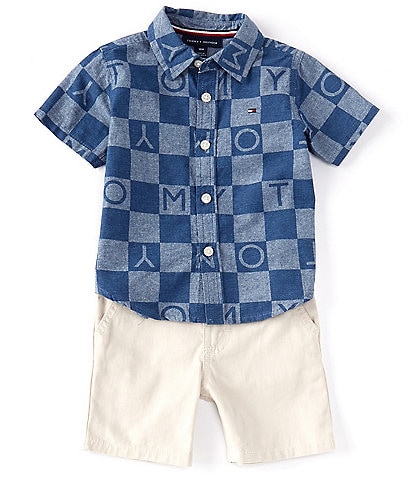 Tommy Hilfiger Baby Boys 12-24 Months Short Sleeve Printed Chambray Shirt & Solid Twill Shorts Set