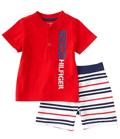 Tommy Hilfiger Baby Boys 12-24 Months Short Sleeve Solid Logo Pique Knit Henley Tee & Striped French Terry Shorts Set