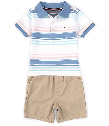 Tommy Hilfiger Baby Boys 12-24 Months Short-Sleeve Striped Pique Knit Polo Shirt & Solid Oxford Twill Shorts Set