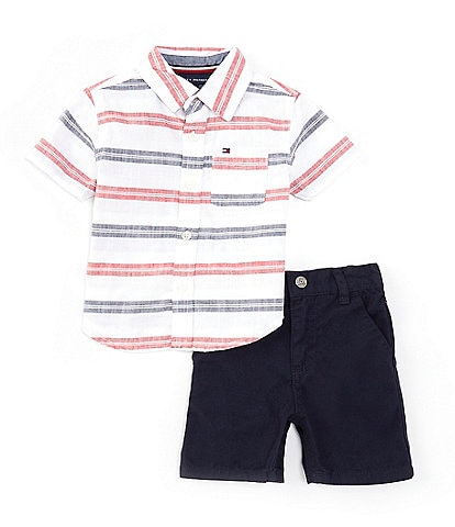 Tommy Hilfiger Baby Boys 12-24 Months Short-Sleeve Striped Woven Shirt & Solid Twill Shorts Set