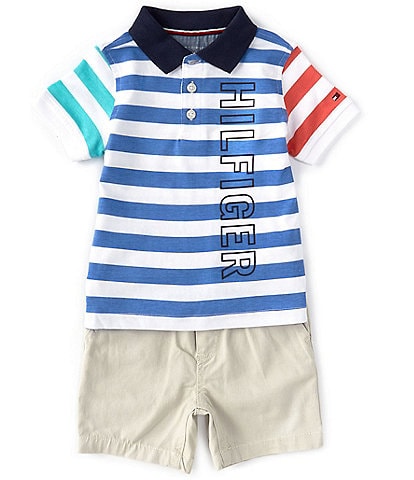 Tommy Hilfiger Baby Boys 12-24 Months Short-Sleeve Wide-Stripe Polo Shirt & Solid Shorts Set