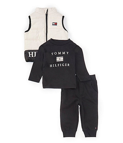 Tommy Hilfiger Baby Boys 12-24 Months Sleeveless Logo Puffer Vest, Long Sleeve Logo Knit T-Shirt & Solid Fleece Jogger Pant Set