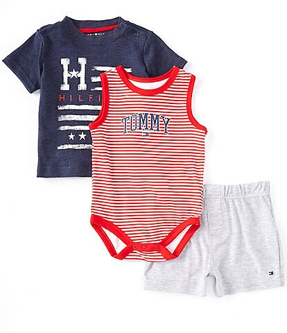 Tommy Hilfiger Baby Boys Newborn-9 Months Sleeveless Striped Tommy Bodysuit, Short-Sleeve Tee, & Shorts 3-Piece Set