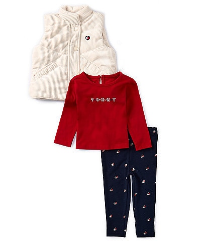 Tommy Hilfiger Baby Girls 12-24 Months Chevron-Pattern Wale-Corduroy Vest, Long-Sleeve Knit T-Shirt & Printed Leggings Set