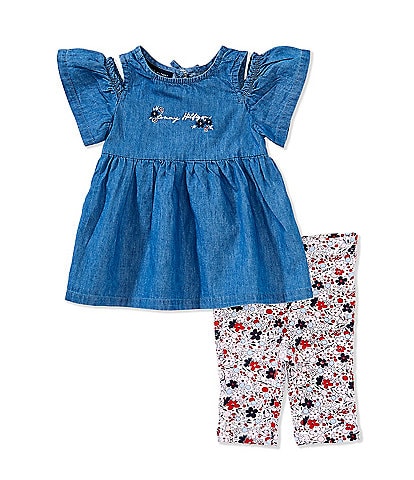 Tommy Hilfiger Baby Girls 12-24 Months Cold-Shoulder Denim Dress & Printed Capri Leggings Set