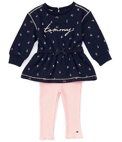 Tommy Hilfiger Baby Girls 12-24 Months Long Sleeve Allover Icon Flag Logo Fleece Tunic Top & Solid Rib Knit Leggings Set