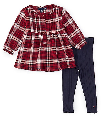 Tommy Hilfiger Baby Girls 12-24 Months Long Sleeve Plaid Peasant Top & Solid Ribbed Leggings Set