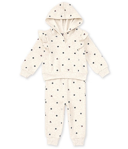 Tommy Hilfiger Baby Girls 12-24 Months Long Sleeve Printed Fleece Hoodie & Matching Jogger Pants Set