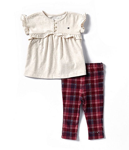 Tommy Hilfiger Baby Girls 12-24 Months Short Sleeve Heathered Tunic Top & Plaid Leggings Set