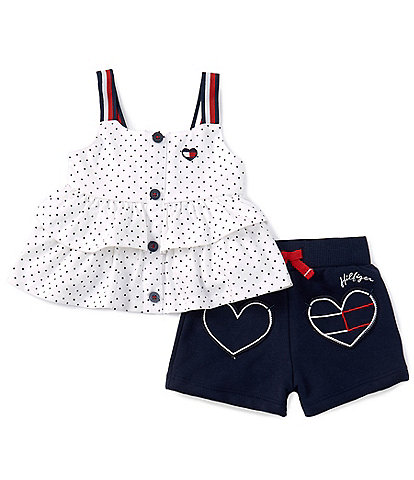 Tommy Hilfiger Baby Girls 12-24 Months Sleeveless Printed Ruffled Babydoll Jersey Top & Heart-Motif French Terry Shorts Set