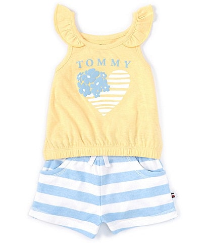 Tommy Hilfiger Baby Girls 12-24 Months Solid Heart-Shaped-Graphic Knit Tank Top & Striped French Terry Shorts Set