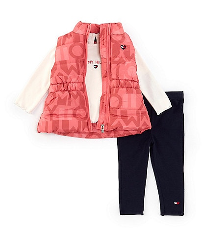 Tommy Hilfiger Baby Girls 12-24 Months Tonal-Logo-Printed Puffer Vest, Long Sleeve Ribbed T-Shirt & Solid Leggings Set