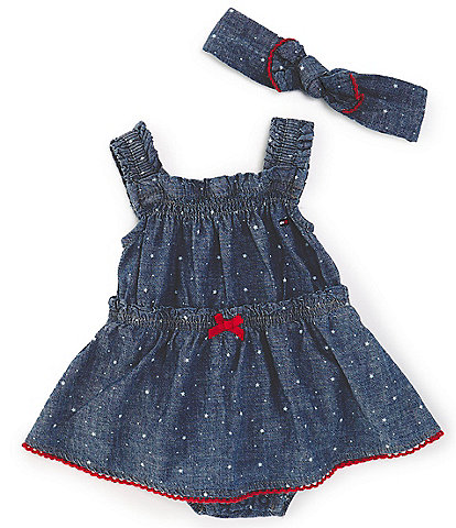 Tommy Hilfiger Baby Girls Newborn-9 Months Pom-Pom-Detailed Chambray Skirted Bodysuit