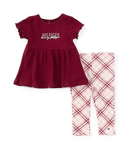 Tommy Hilfiger Baby Girls Short Sleeve Peplum-Hem Tunic Top & Plaid Leggings Set