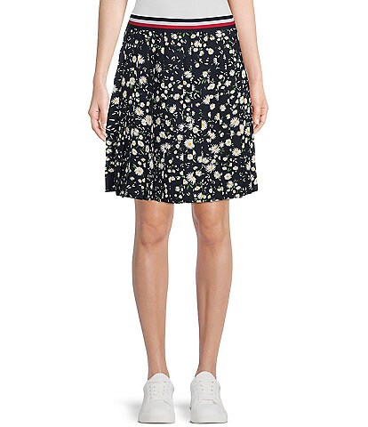 Tommy Hilfiger Floral Print Georgette Contrast Waistband Pull-On Pleated Skirt