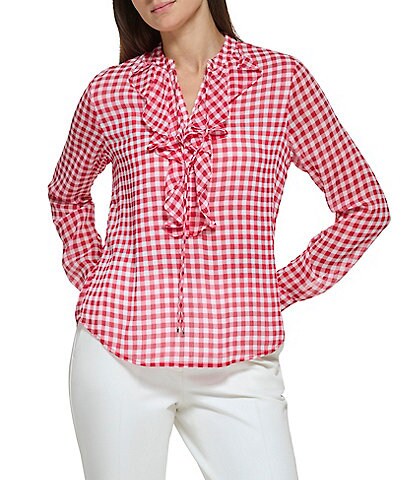 Tommy Hilfiger Gingham Print Banded Crew Neck Woven Ruffled Blouse