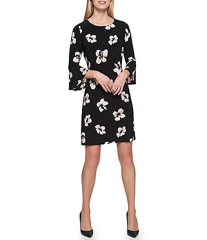 Tommy Hilfiger Jersey 3/4 Bell Sleeve Floral Print Jewel Neck A-Line Dress