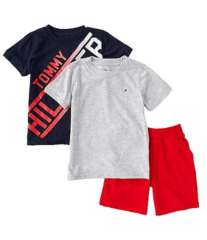 Tommy Hilfiger Little Boys 2T-4T Heathered Jersey Tee, Diagonal-Logo Tee & French Terry Shorts 3-Piece Set