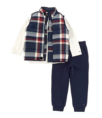 Tommy Hilfiger Little Boys 2T-4T Plaid Puffer Vest, Long-Sleeve T-Shirt & Jogger Pant Set