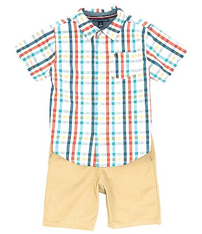 Tommy Hilfiger Little Boys 2T-4T Short-Sleeve Plaid Button Down Shirt & Solid Twill Shorts Set