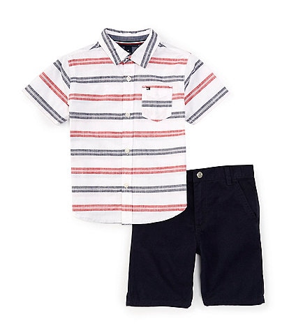 Tommy Hilfiger Little Boys 2T-4T Short Sleeve Prewashed Multi Stripe Shirt & Twill Short Set