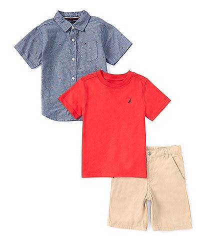 Tommy Hilfiger Little Boys 2T-4T Short Sleeve Printed Chambray Shirt, T-Shirt & Twill Shorts Set