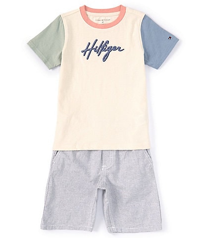 Tommy Hilfiger Little Boys 2T-4T Short Sleeve Soft Colorblock Logo Tee & Stripe Short Set