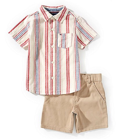Tommy Hilfiger Little Boys 2T-7 Short-Sleeve Striped Woven Shirt & Solid Woven Shorts Set