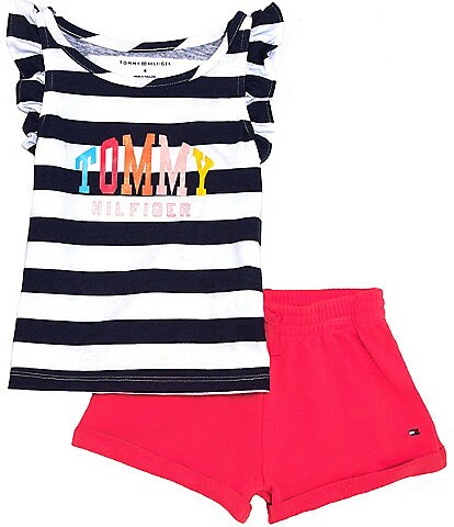 Tommy Hilfiger Little Girls 2T-6X Jersey Stripe Top With French Terry Pink Short Set