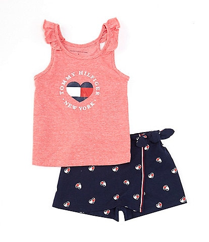 Tommy Hilfiger Little Girls 2T-6X Striped Heart-Graphic Jersey Tank Top & Allover-Flag-Motif French Terry Skort Set