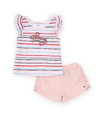 Tommy Hilfiger Little Girls 2T-7 Flutter-Sleeve Striped Logo Jersey T-Shirt & Ruched-Side-Panel Chambray Shorts Set